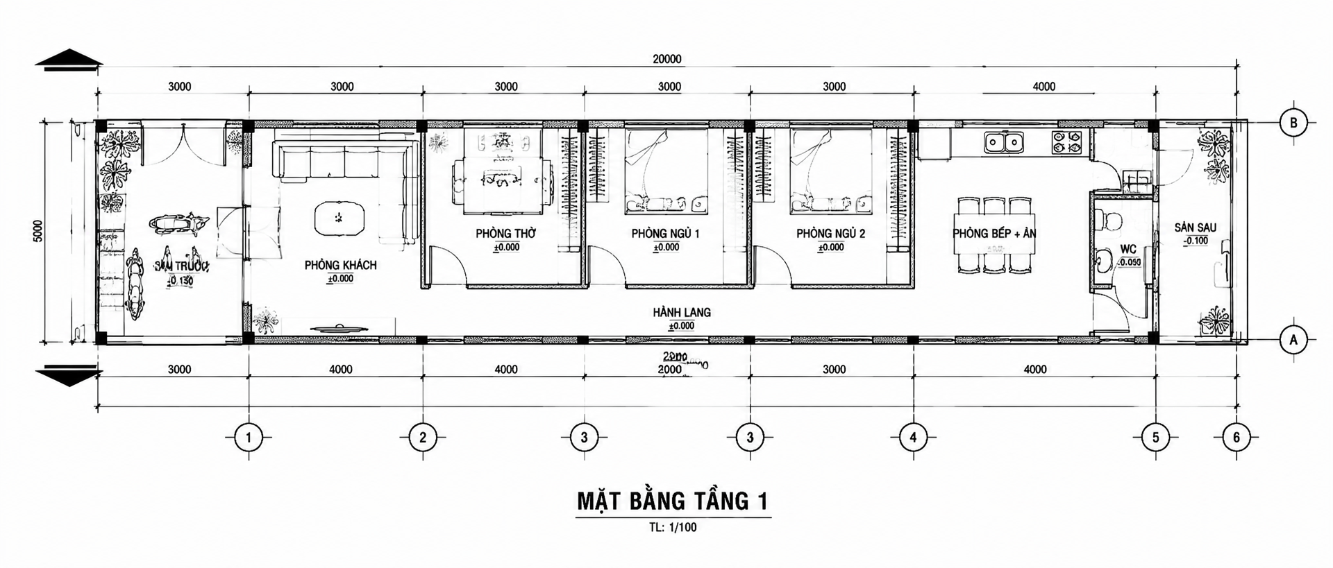 Bản vẽ nhà cấp 4 5x20 với 2 phòng ngủ 1 phòng thờ