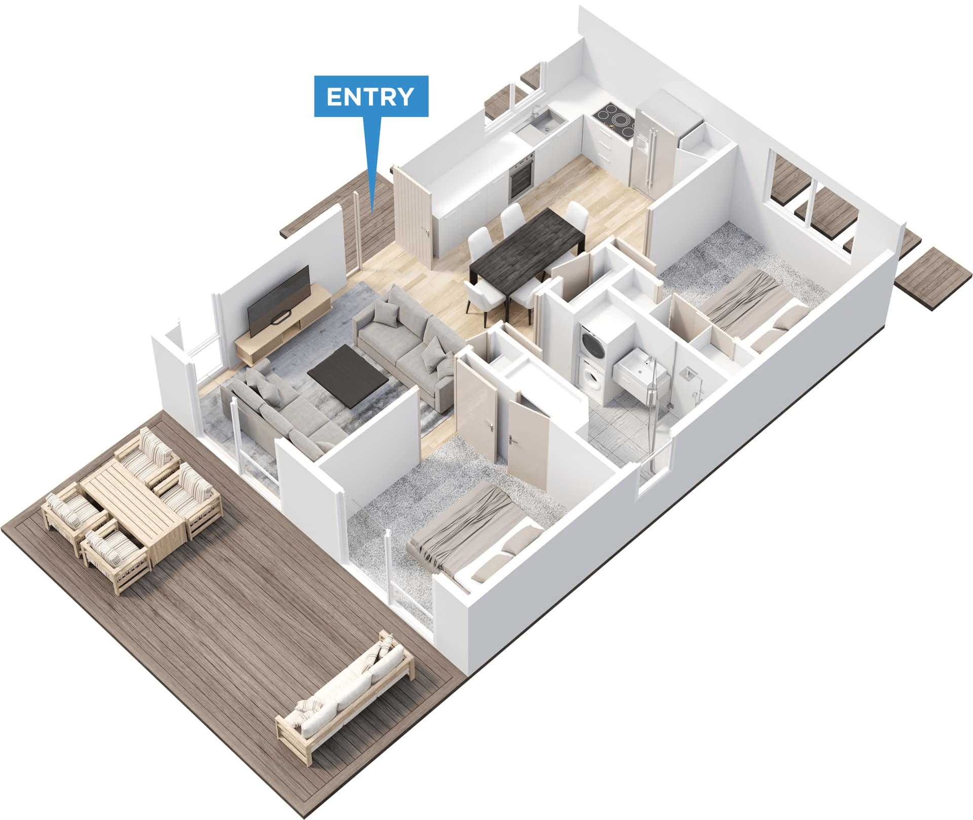 Bản vẽ nhà cấp 4 60m2 bố trí 2 phòng ngủ kết hợp hai khoảng giếng trời