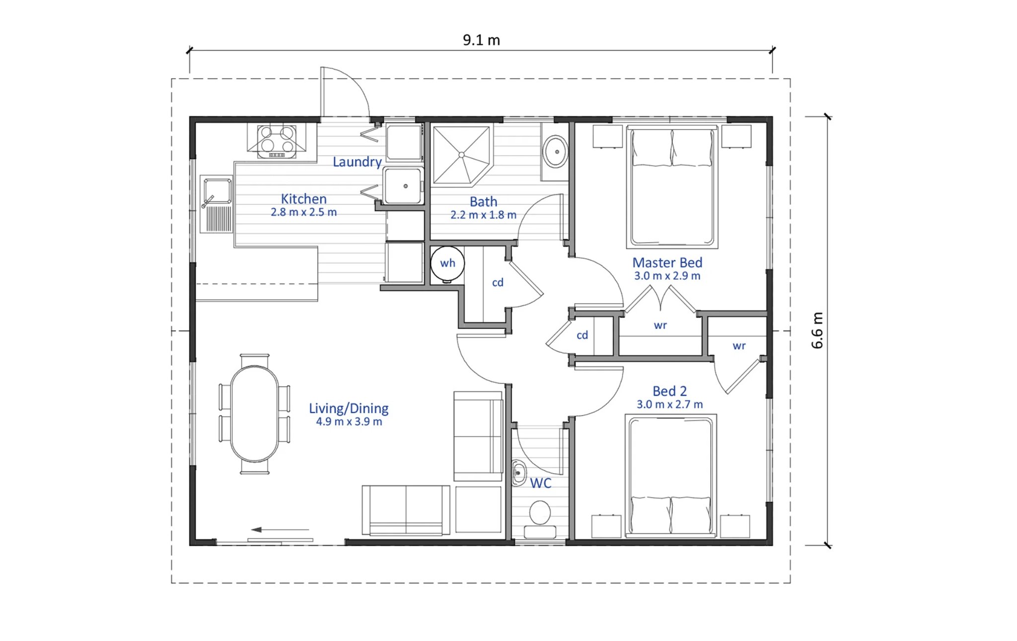 Bản vẽ nhà cấp 4 60m2 có khu giặt và bếp chung