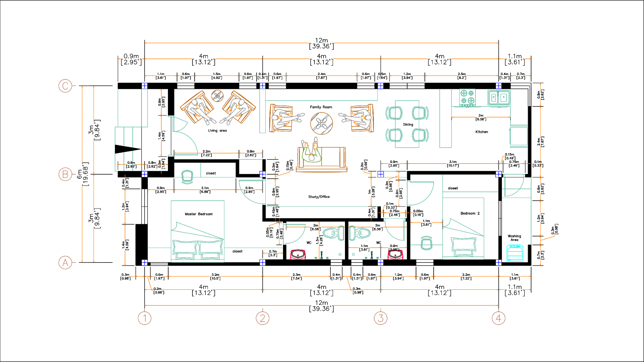 Bản vẽ nhà cấp 4 6x12 bố trí 2 phòng ngủ