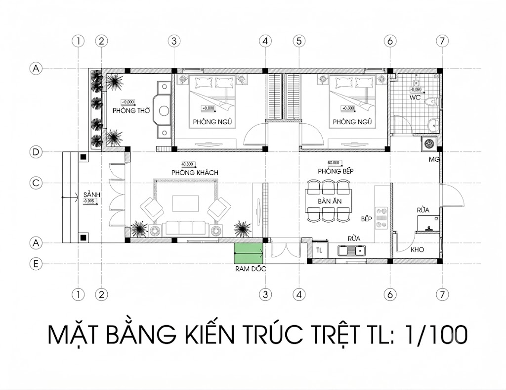 Bản vẽ nhà cấp 4 7x10 có phòng thờ trang nghiêm