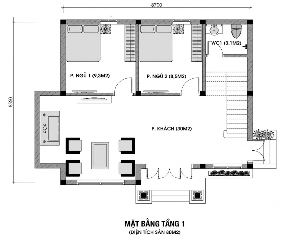 Bản vẽ nhà cấp 4 7x10 sở hữu khu vực sinh hoạt chung rộng, thoáng mát