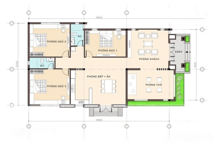 Bản vẽ nhà cấp 4 80m2 có phòng khách cạnh phòng thờ