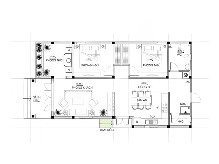 Bản vẽ nhà cấp 4 80m2 có phòng khách lớn