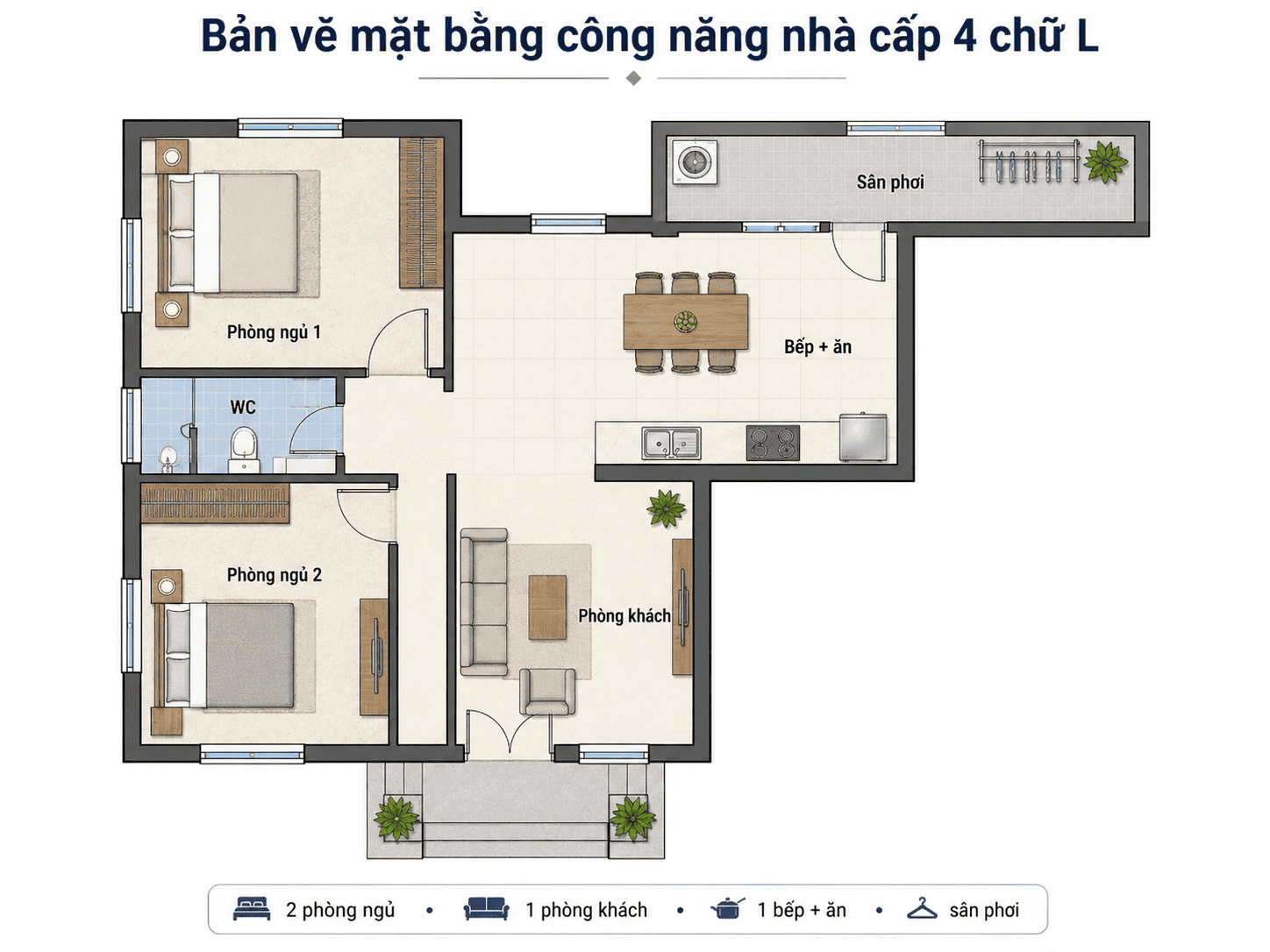 Bản vẽ nhà cấp 4 chữ L 2 phòng ngủ