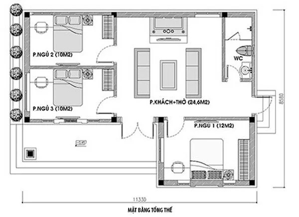 Bản vẽ nhà cấp 4 chữ L 3 phòng ngủ