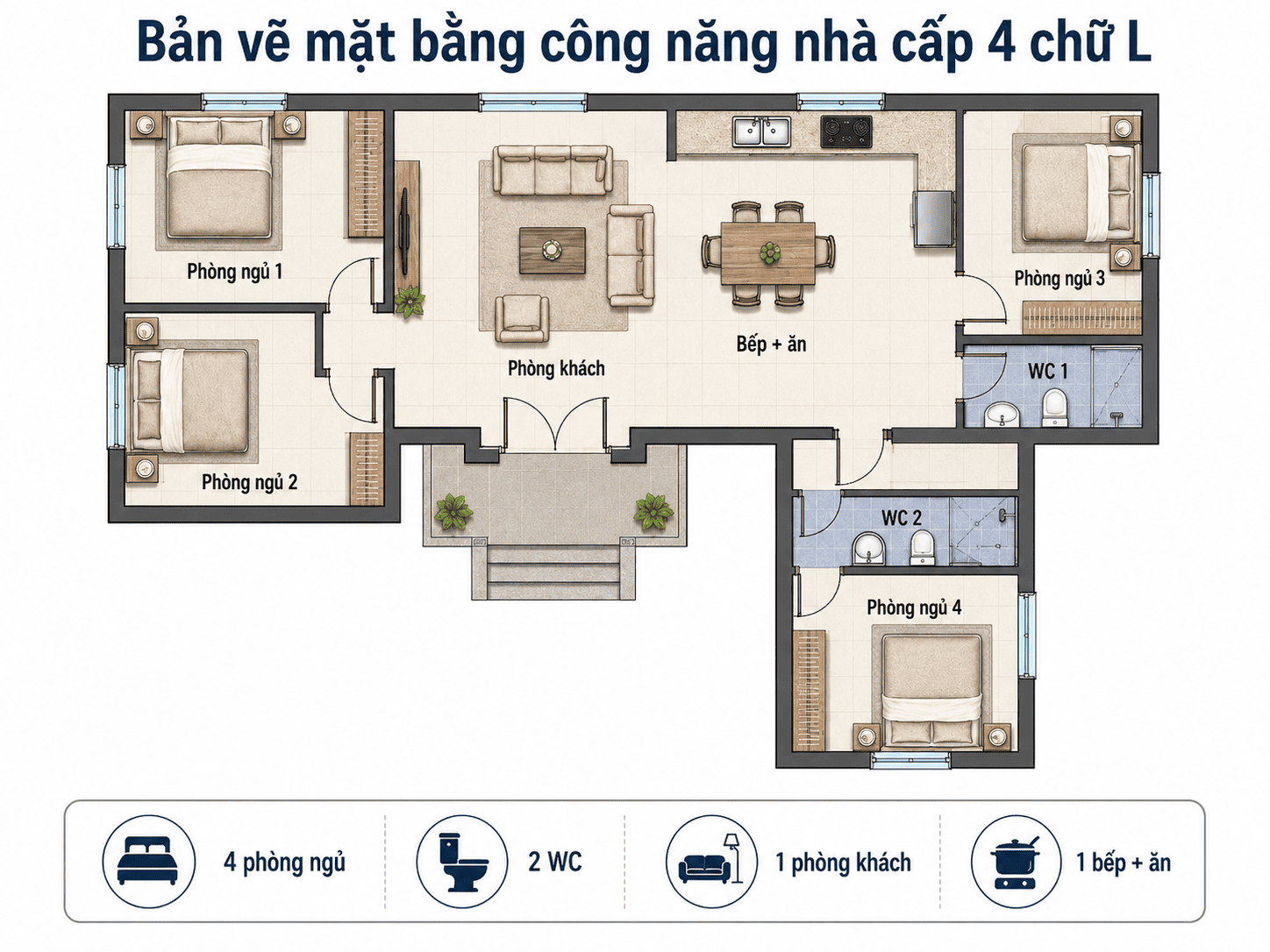 bản vẽ công năng nhà cấp 4 chữ L 4 phòng ngủ