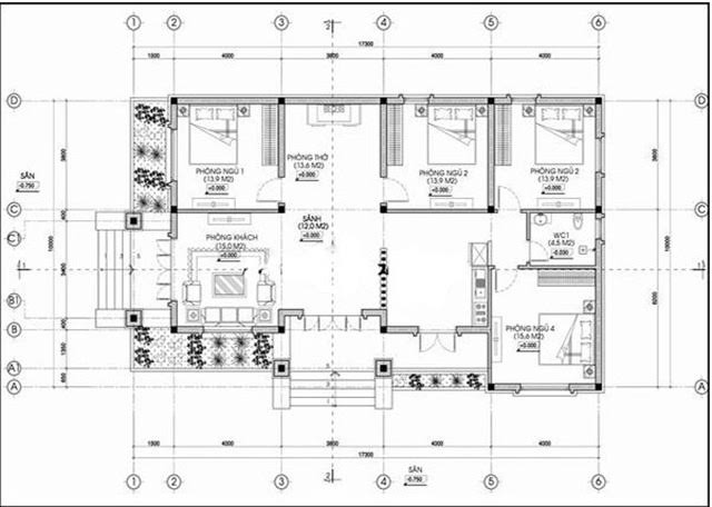 Bản vẽ nhà cấp 4 chữ L mái bằng 4 phòng ngủ có 2 sảnh chính - phụ