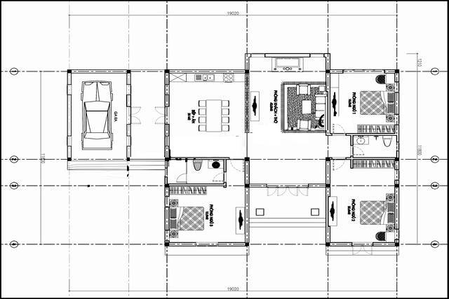 Bản vẽ nhà cấp 4 chữ U 3 phòng ngủ có chỗ để ô tô