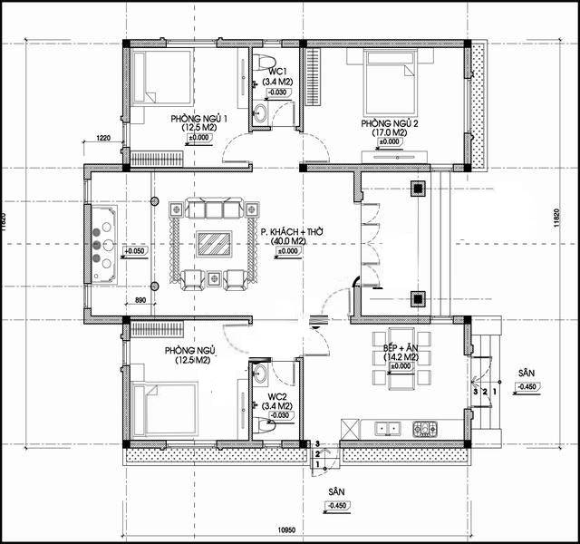 Bản vẽ nhà cấp 4 chữ U có phòng khách + thờ nằm trung tâm ngay lối cửa chính