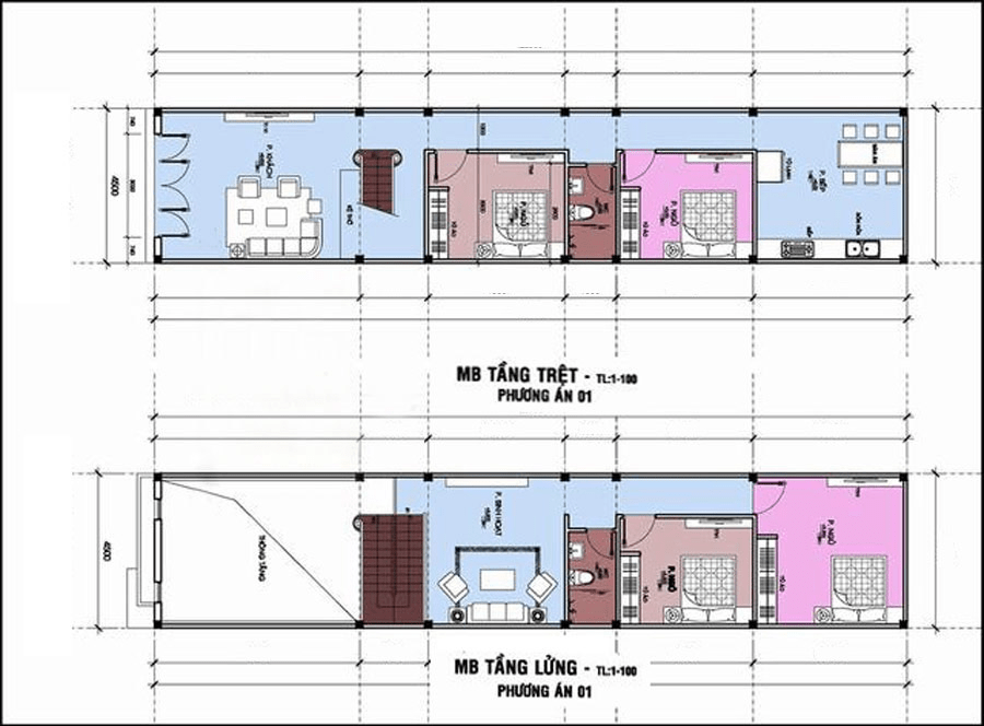 Bản vẽ nhà cấp 4 có gác lửng 5x20m dạng nhà ống