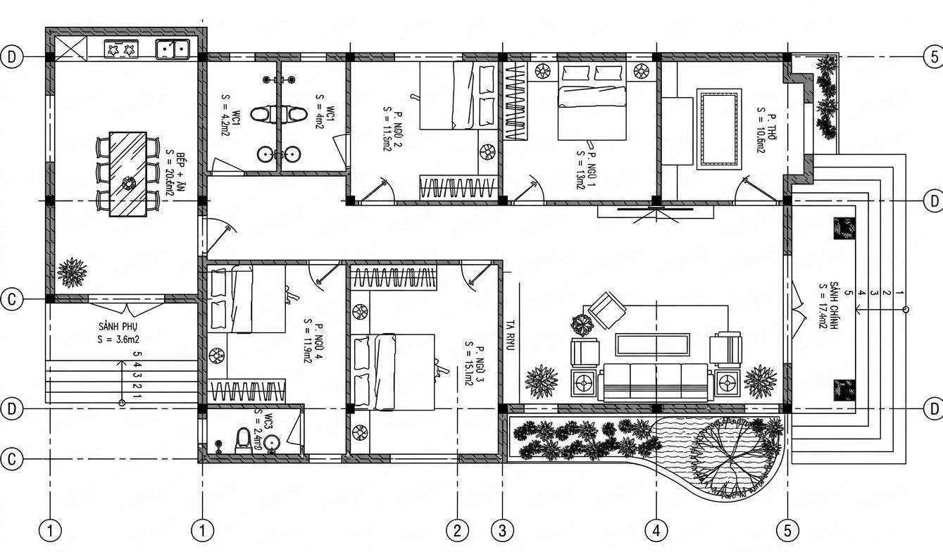 Bản vẽ nhà cấp 4 có phòng thờ với bếp và phòng ăn đặt ở gian cuối