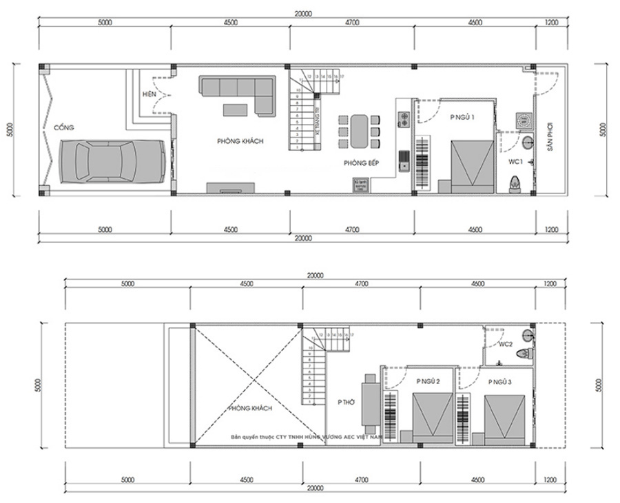 Bản vẽ nhà cấp 4 gác lửng có tầng lửng được thiết kế 2 phòng ngủ, 1 phòng thờ