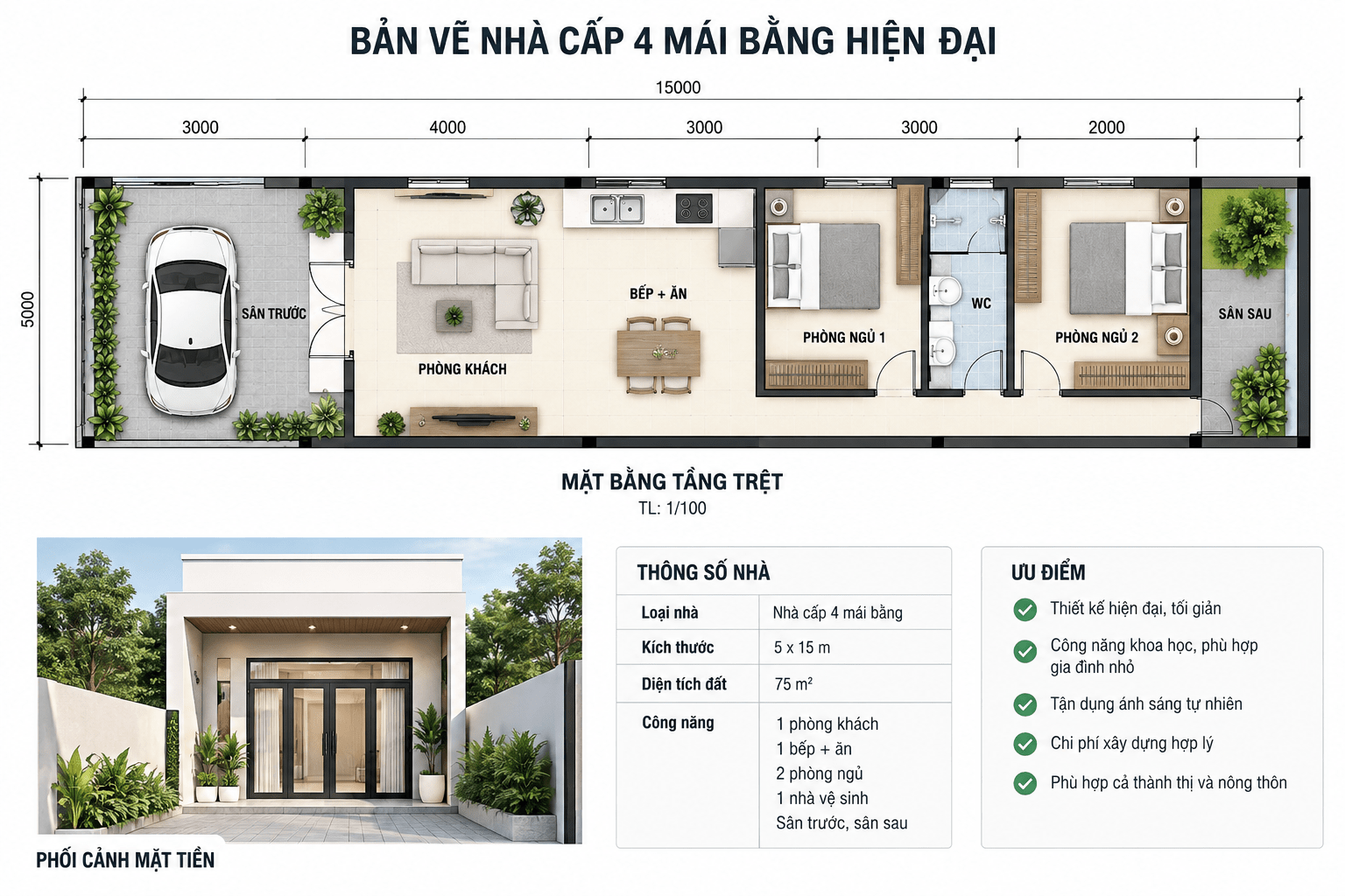 Bản vẽ nhà cấp 4 mái bằng bố trí phòng khách - bếp chung
