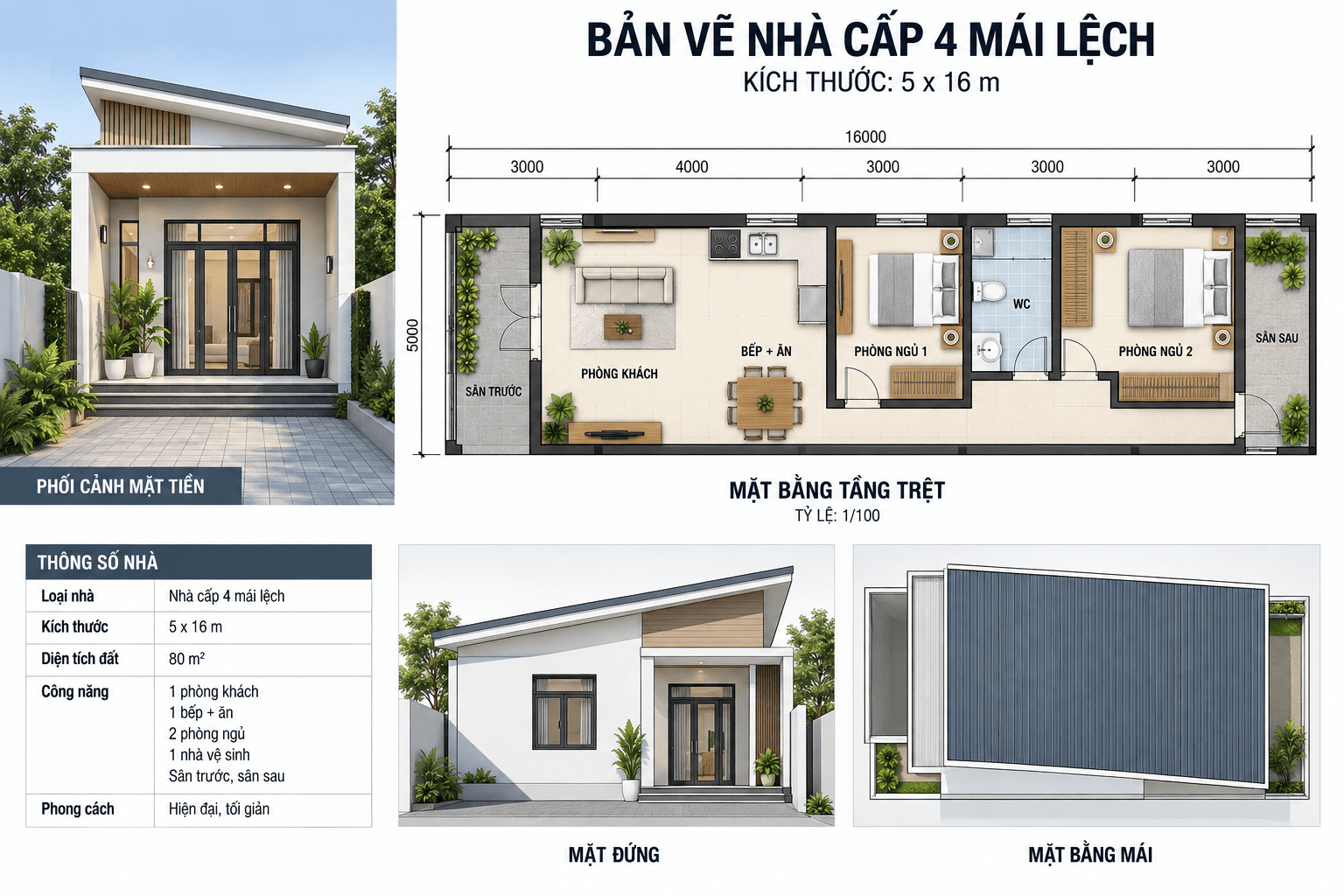Bản vẽ nhà cấp 4 mái lệch với 2 phòng ngủ, 1 phòng khách - bếp chung