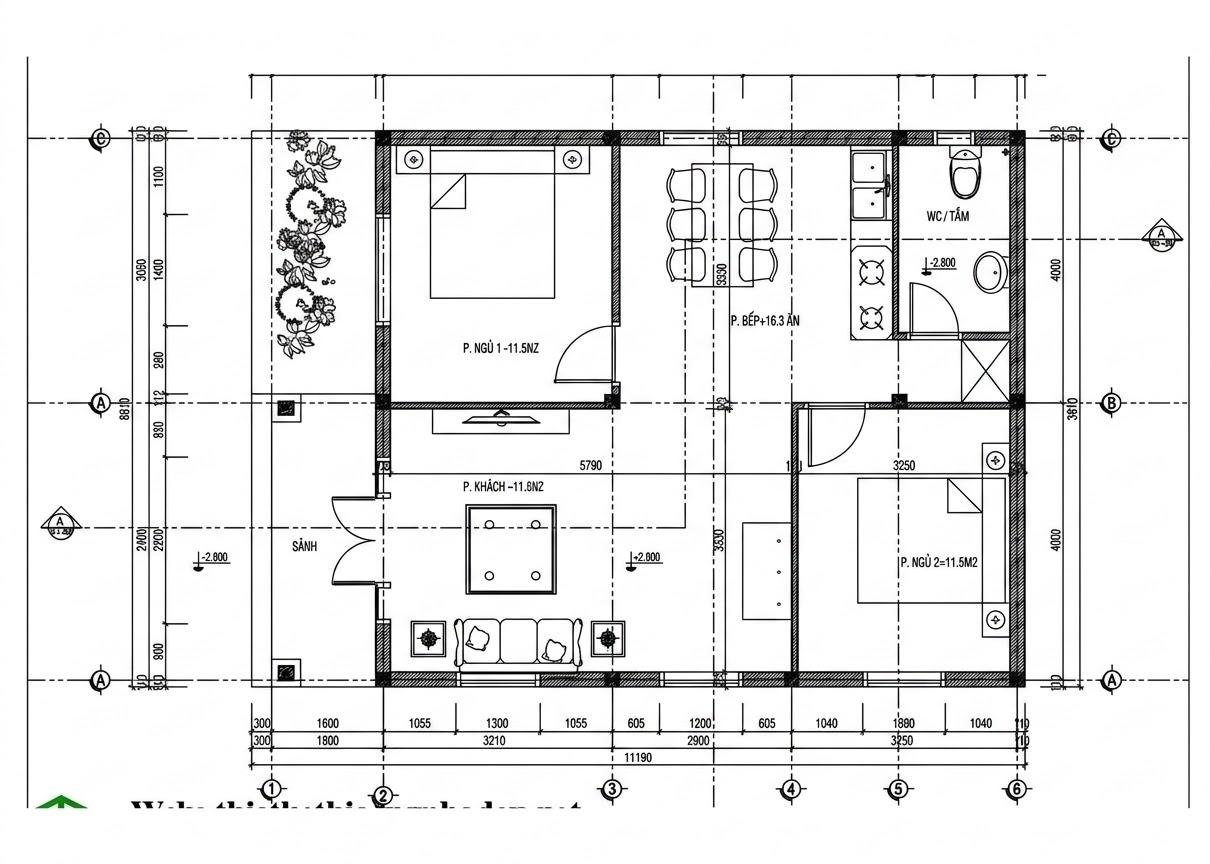 Bản vẽ nhà cấp 4 mái Nhật 2 phòng ngủ cỡ lớn