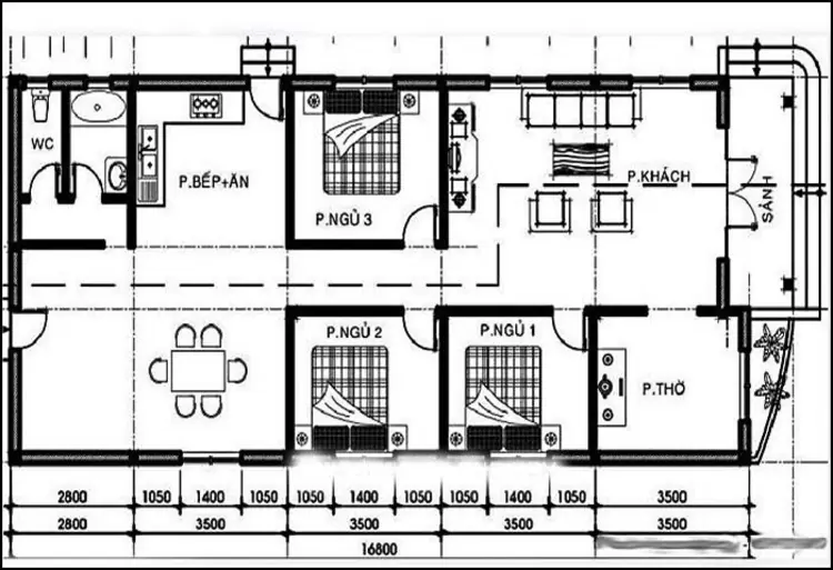 Bản vẽ nhà cấp 4 mái Nhật 3 phòng ngủ 100m2 với công năng đầy đủ