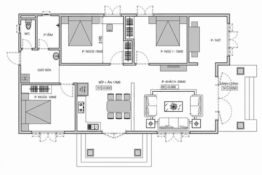 Bản vẽ nhà cấp 4 mái Nhật 3 phòng ngủ hiện đại với sảnh chính lớn