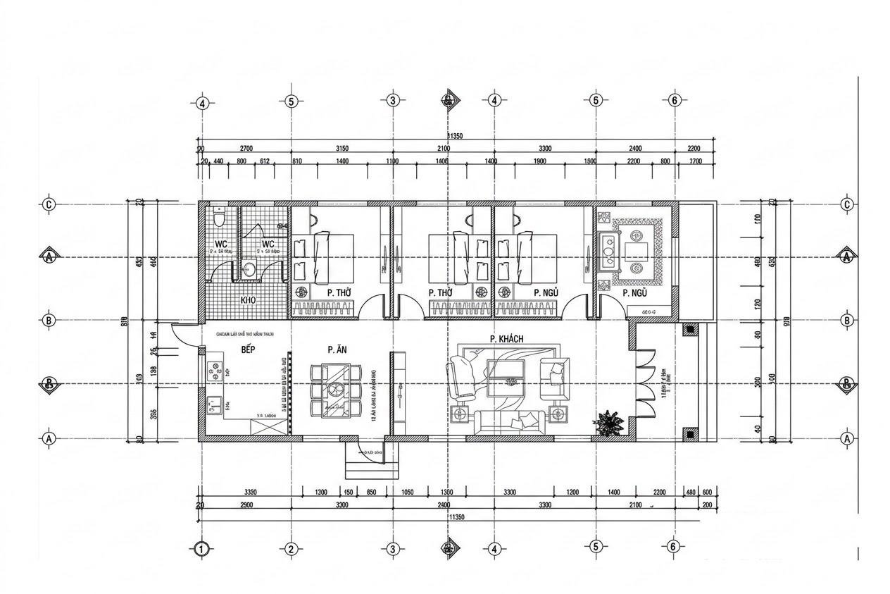 Bản vẽ nhà cấp 4 mái Nhật có phòng khách thông thoáng