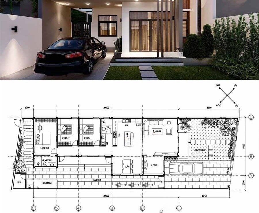 Bản vẽ thiết kế nhà cấp 4 với cửa kính hiện đại kết hợp đèn LED âm trần mang đến cảm giác sang trọng, đẳng cấp