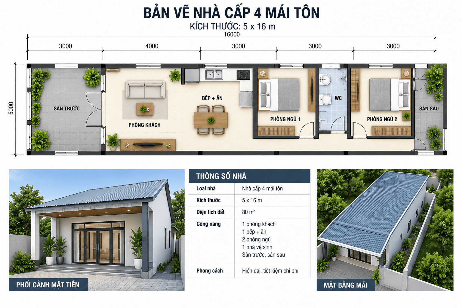 Bản vẽ nhà cấp 4 mái tôn sở hữu sân vườn