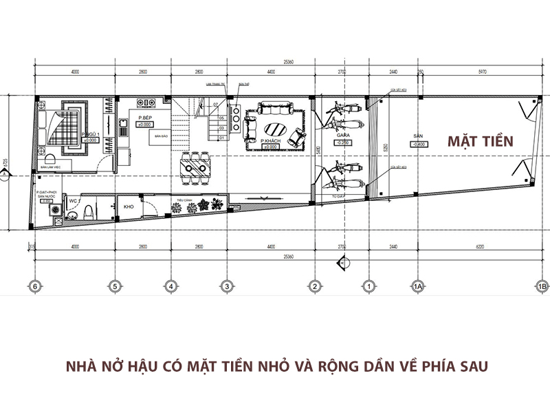 Bản vẽ nhà cấp 4 nở hậu có mặt tiền nhỏ và rộng dần về phía sau