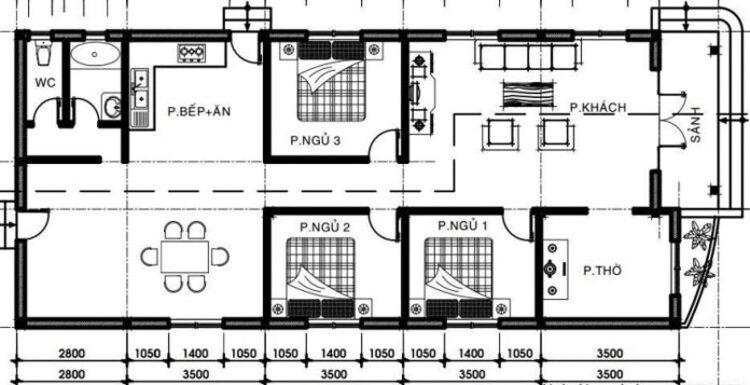 Bản vẽ nhà cấp 4 nông thôn 3 phòng ngủ 1 phòng thờ