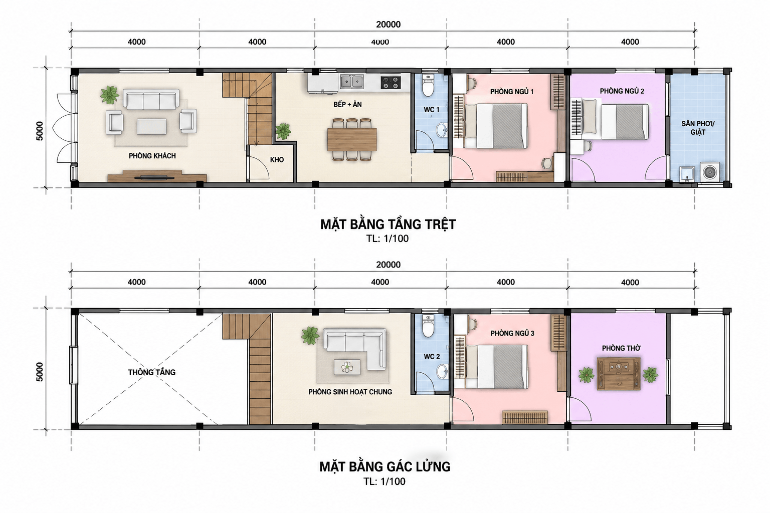 Bản vẽ nhà gác lửng 5x20m (Nguồn: Internet)