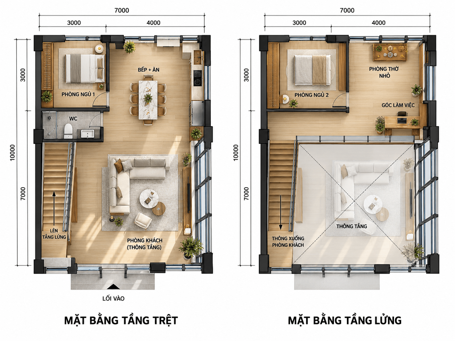 Bản vẽ nhà gác lửng cấp 4 với tầng trệt 1 phòng ngủ, tầng lửng 1 phòng ngủ và phòng thờ