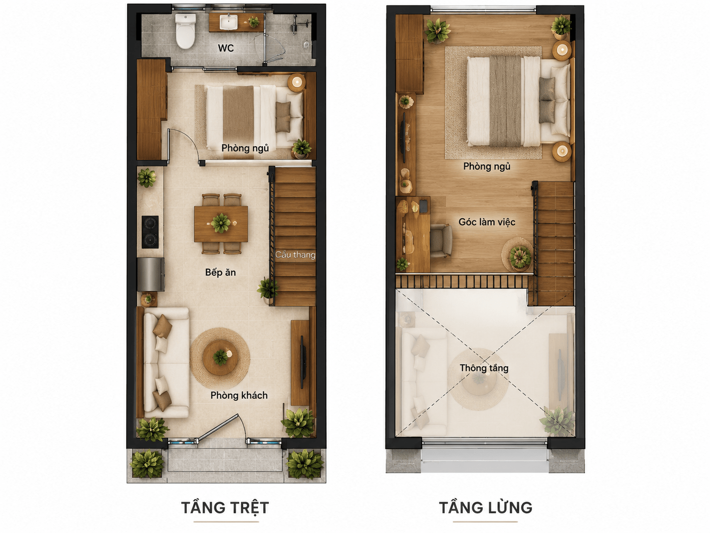 Bản vẽ nhà gác lửng dạng ống 4x15m, mỗi tầng bố trí 1 phòng ngủ