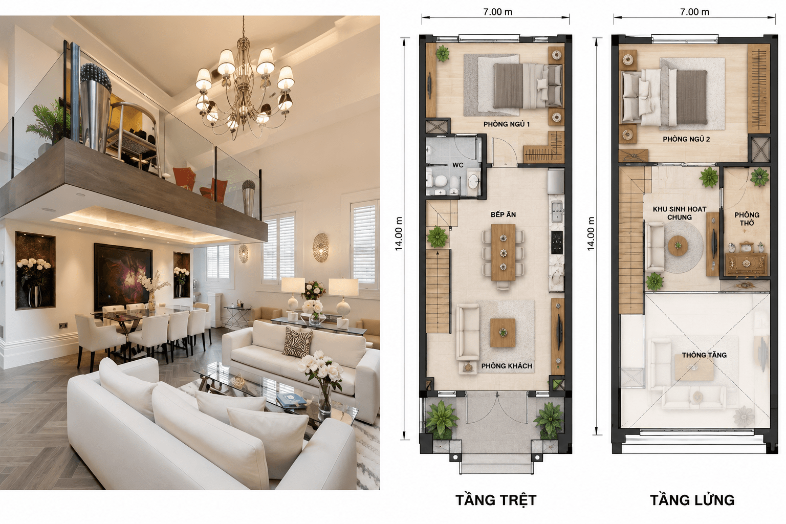 Bản vẽ nhà gác lửng dạng ống 5x18m, tầng trệt 1 phòng ngủ và tầng lửng 2 phòng ngủ