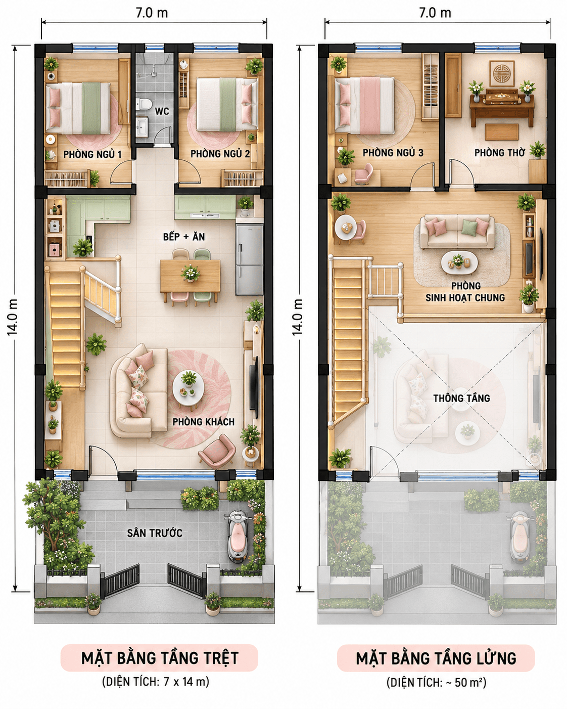 Bản vẽ nhà gác lửng với tầng trệt 2 phòng ngủ, tầng lửng 1 phòng ngủ và phòng thờ