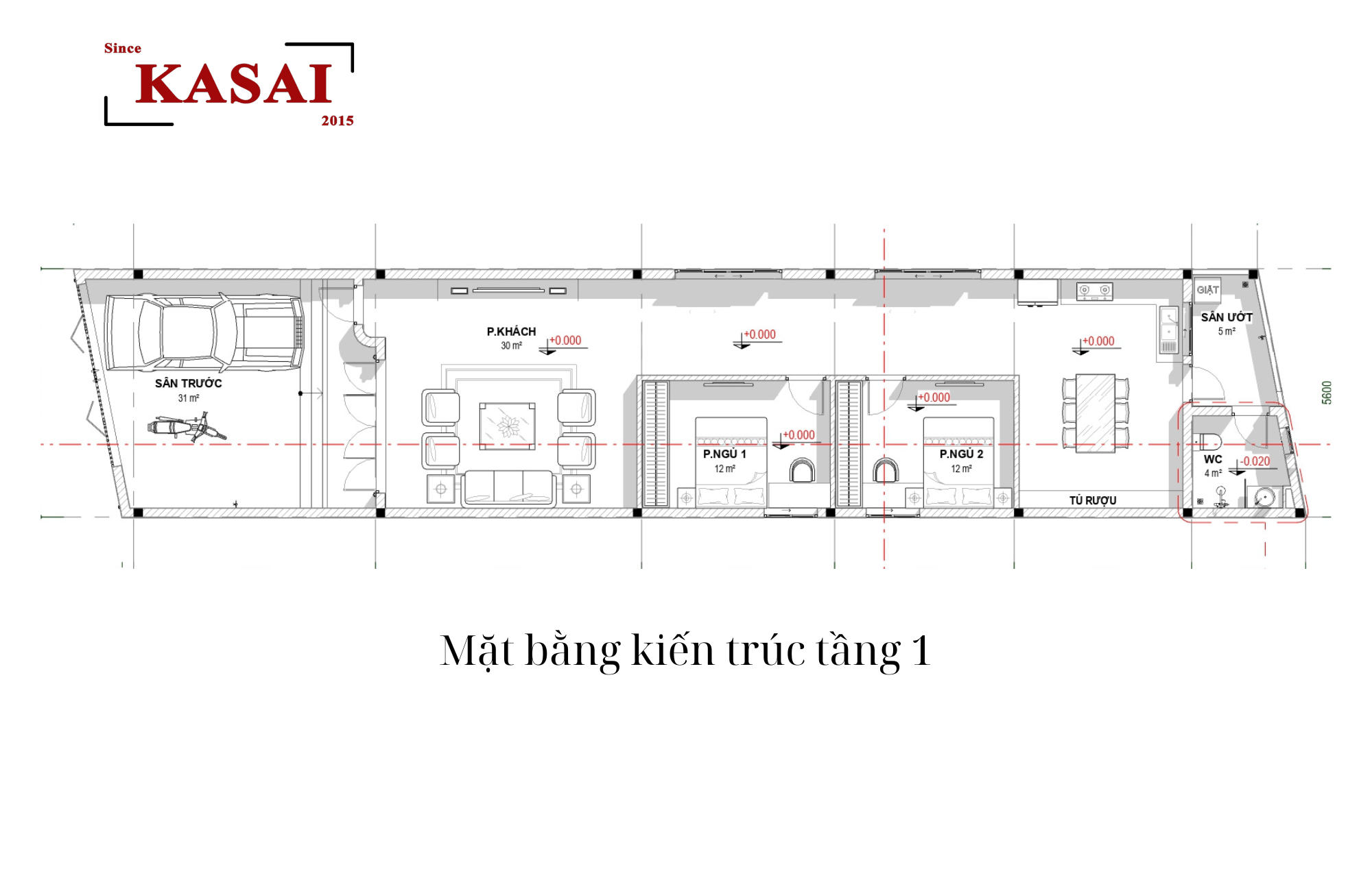 Bản vẽ nhà ống cấp 4 có khu phòng ngủ nằm giữa phòng khách và phòng ăn