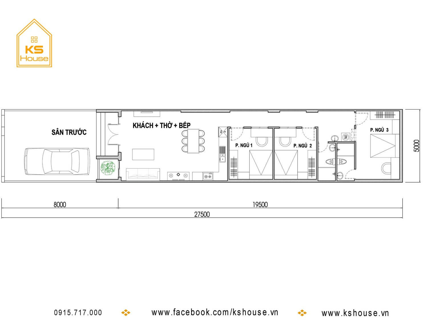 Bản vẽ nhà ống cấp 4 có tổ hợp khu khách - thờ - bếp liền kề
