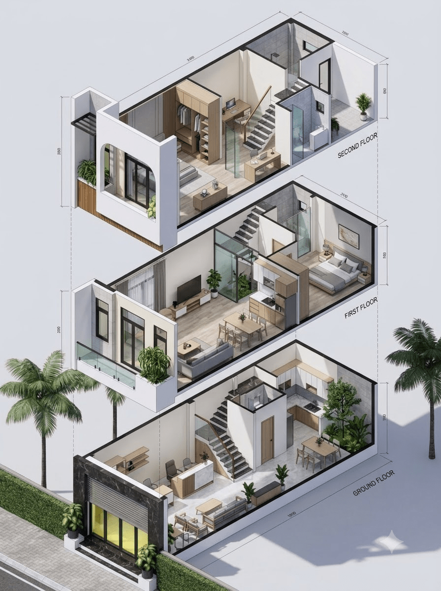 Bản vẽ nhà ống đẹp 3 tầng, thiết kế mái bằng đơn giản, hiện đại