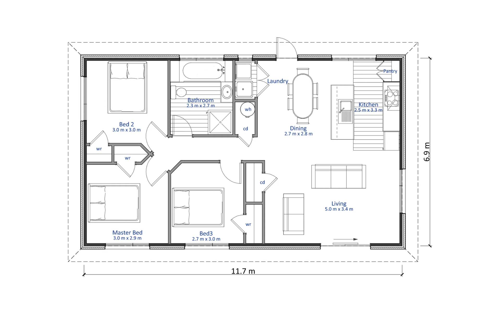 Bản vẽ tham khảo bố trí công năng nhà cấp 4 mái Thái 80m2