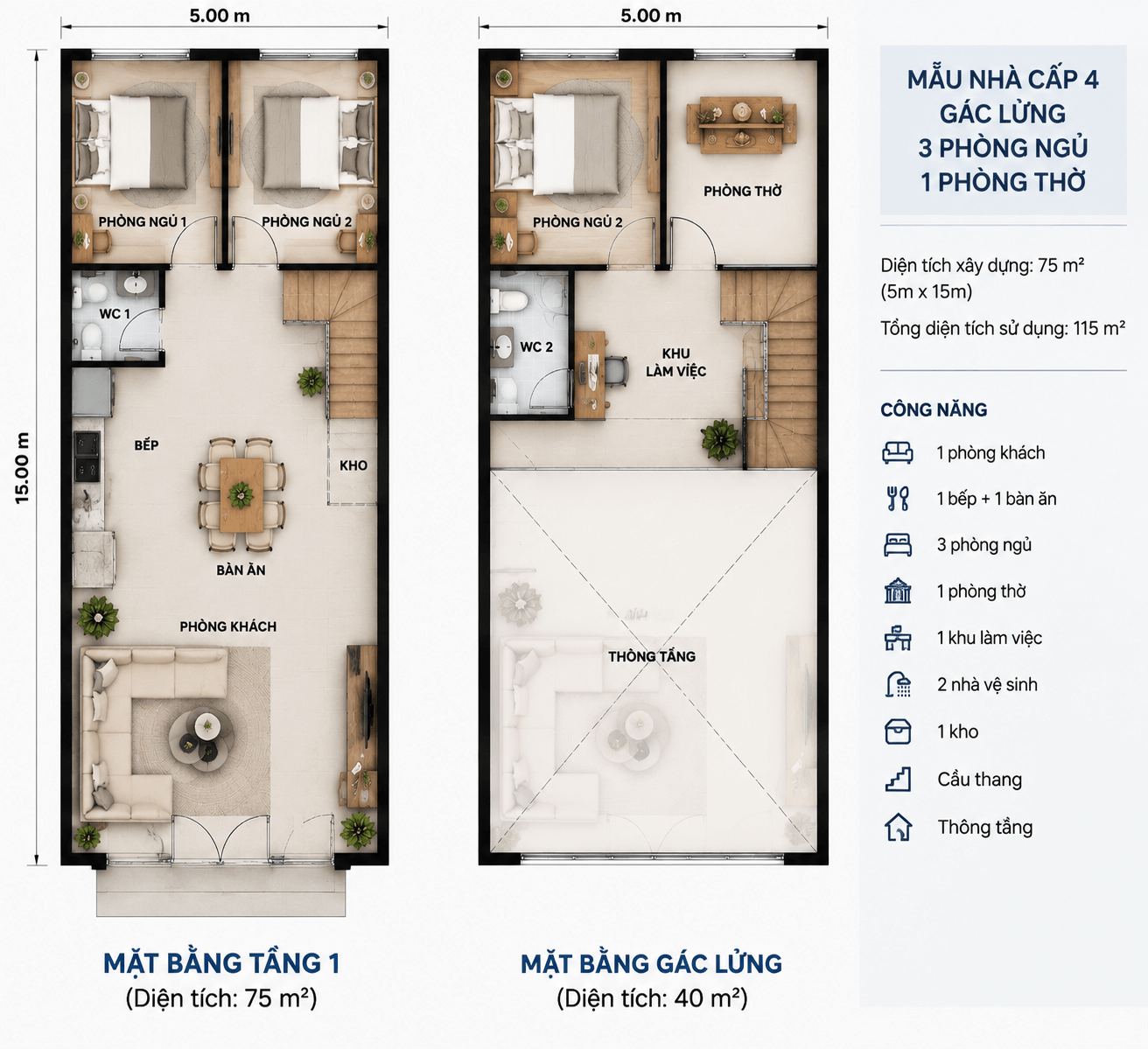 Bản vẽ tham khảo mặt bằng nhà gác lửng 3 phòng ngủ 1 phòng thờ