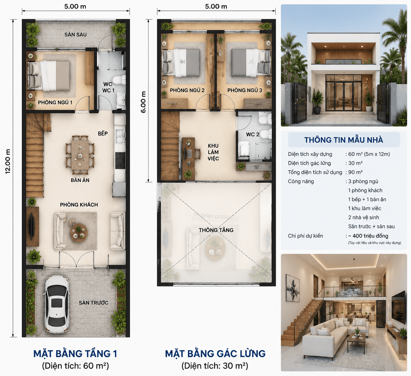 Bản vẽ tham khảo mặt bằng nhà gác lửng 3 phòng ngủ 400 triệu