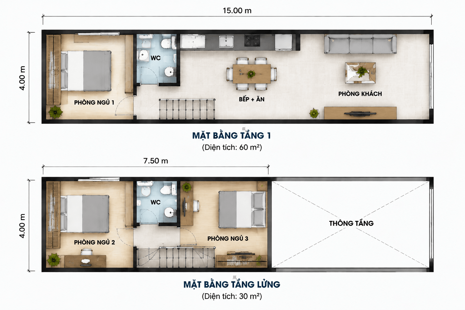 Bản vẽ tham khảo mặt bằng nhà gác lửng 3 phòng ngủ 4x15