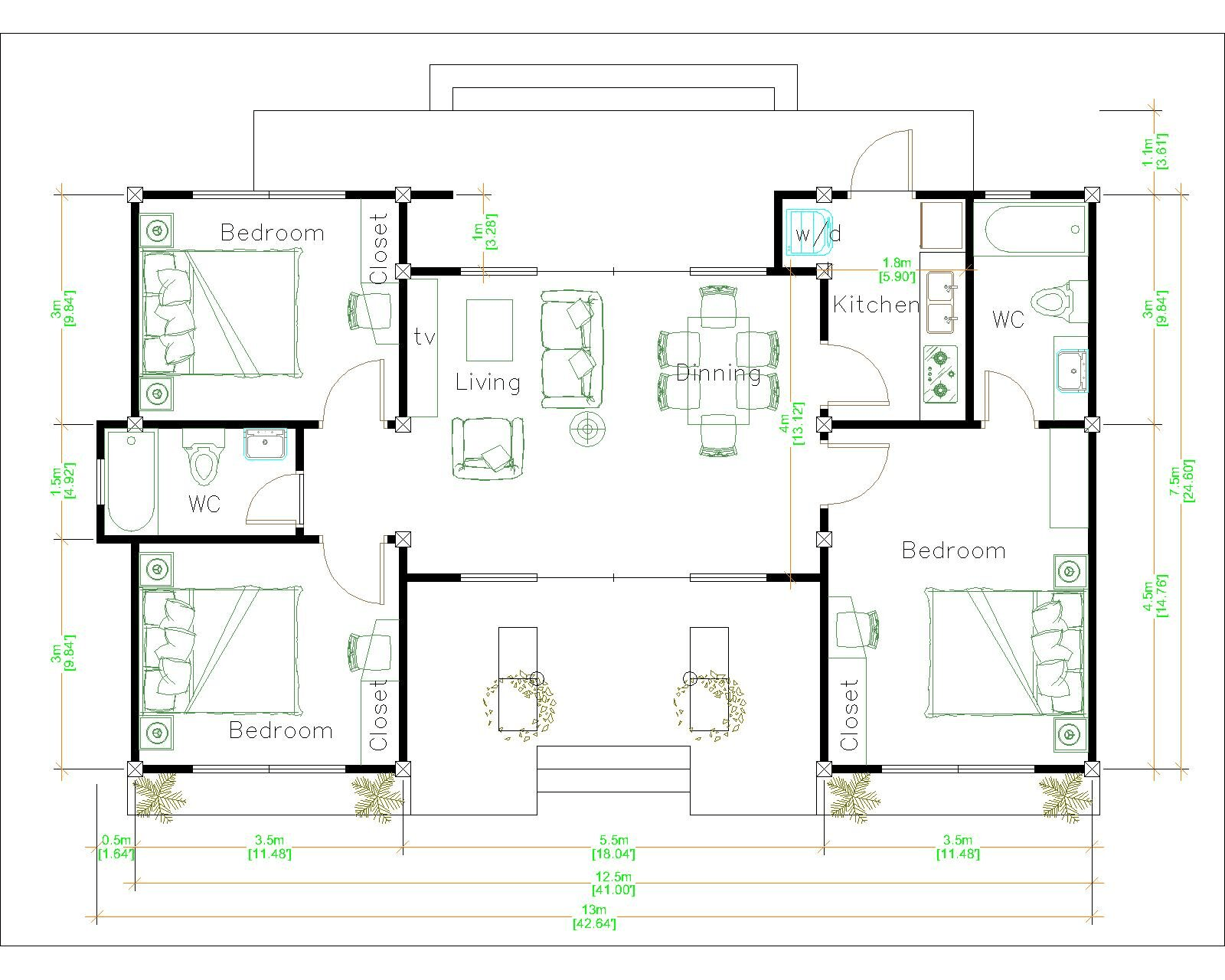 Bản vẽ tham khảo mẫu nhà cấp 4 3 phòng ngủ 120m2