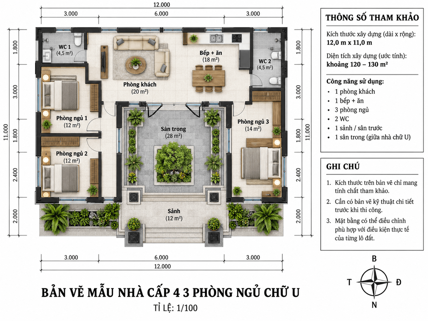 Bản vẽ tham khảo mẫu nhà cấp 4 chữ U 3 phòng ngủ công năng hợp lý