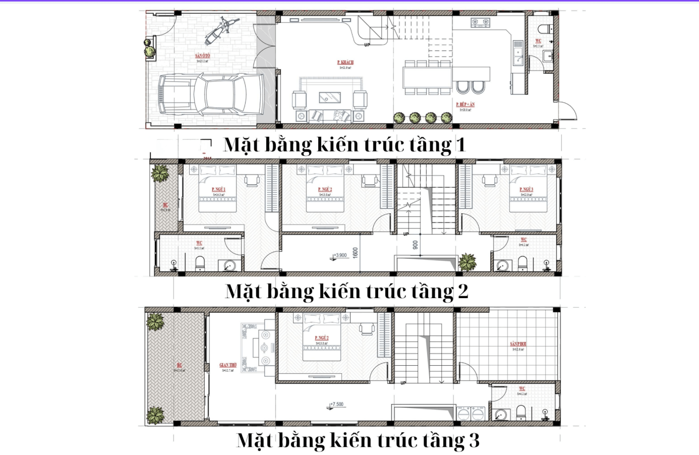 Bản vẽ tham khảo mẫu nhà mái Nhật 3 tầng có gara