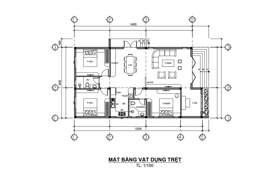 Bản vẽ tham khảo nhà cấp 4 chữ L mái bằng nông thôn phòng khách - bếp liền kề