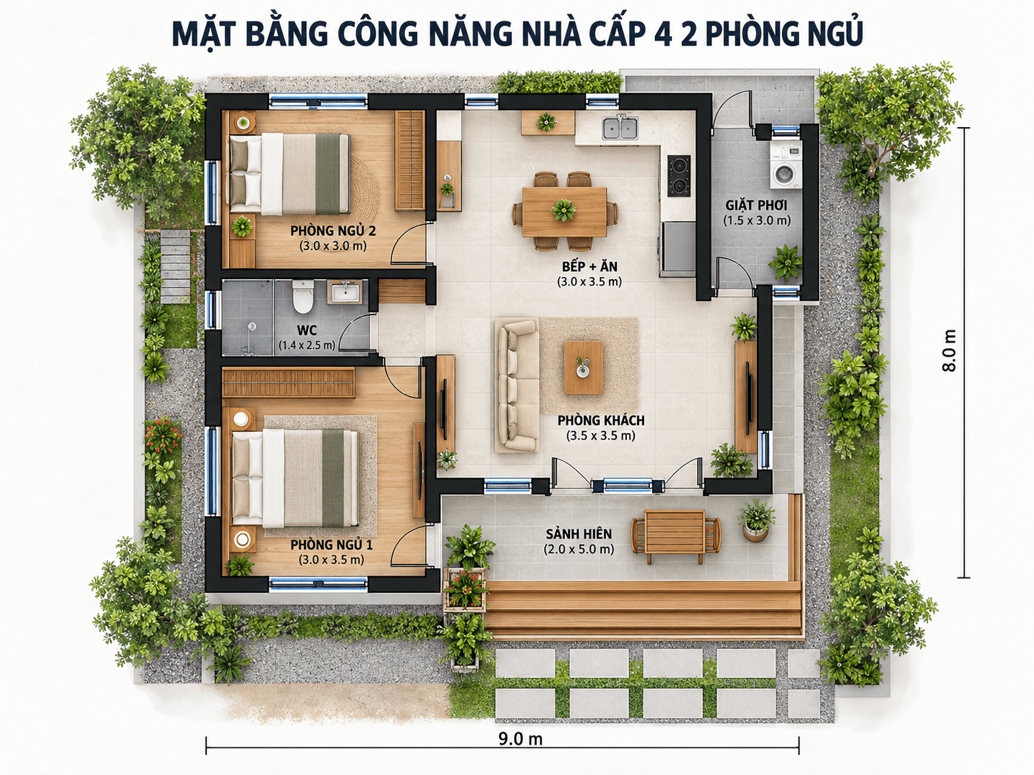 Bản vẽ tham khảo nhà cấp 4 mái Thái 2 phòng ngủ phong cách tối giản