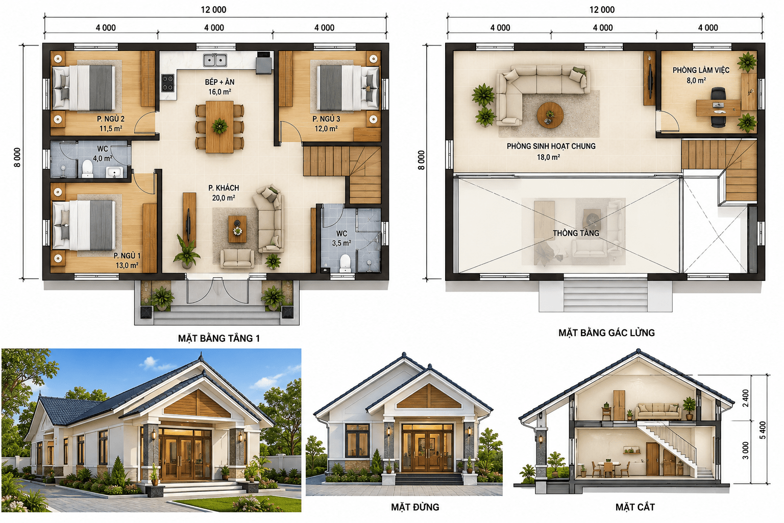 Bản vẽ tham khảo nhà cấp 4 mái Thái 3 phòng ngủ có gác lửng