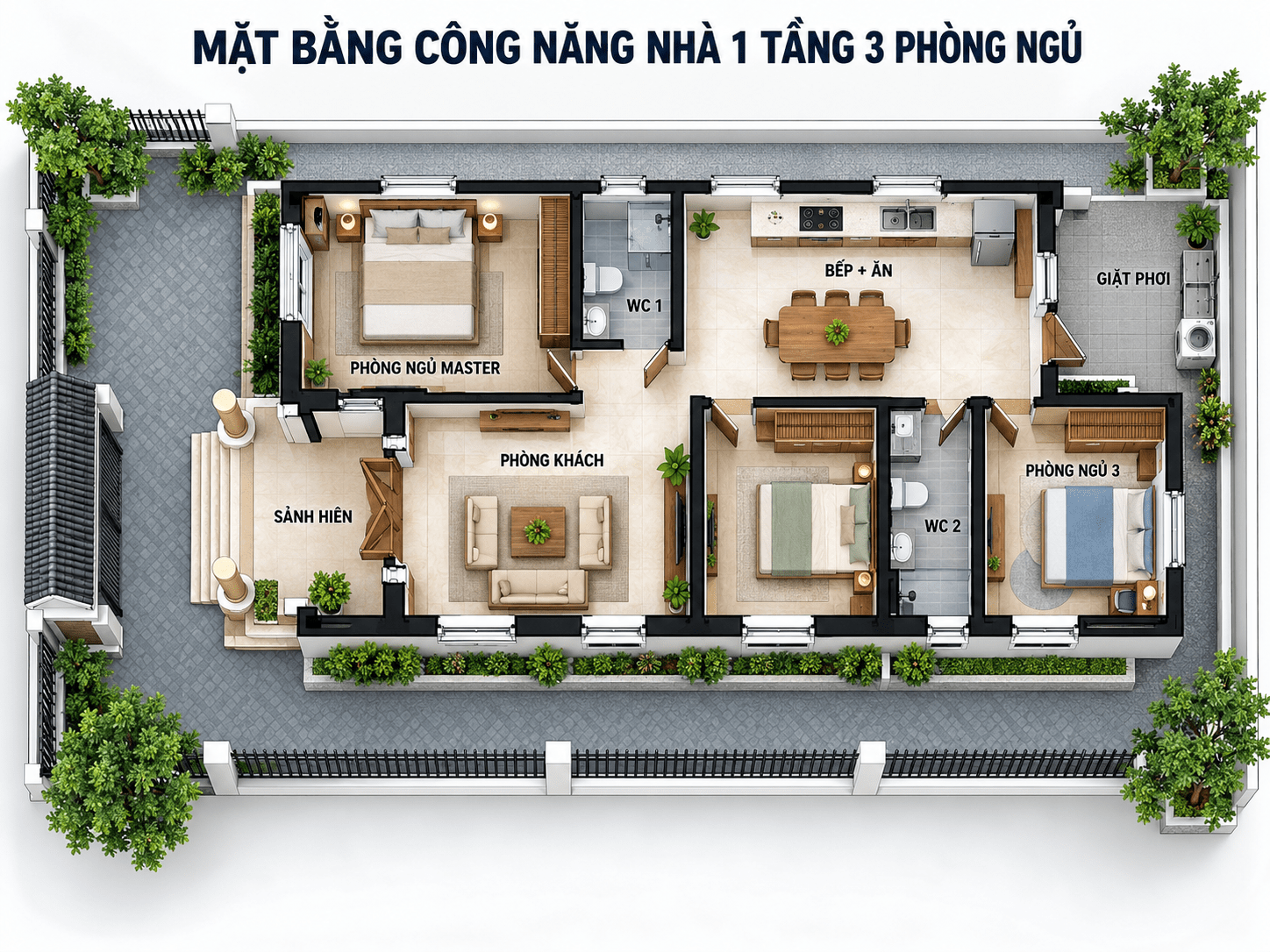 Bản vẽ tham khảo nhà cấp 4 mái Thái 3 phòng ngủ đơn giản mái tôn