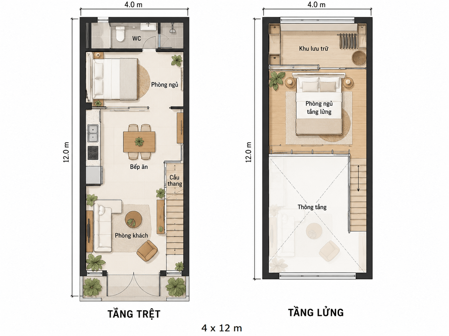 Bản vẽ tham khảo tầng trệt và tầng lửng với 2 phòng ngủ, 1 phòng khách liền bếp