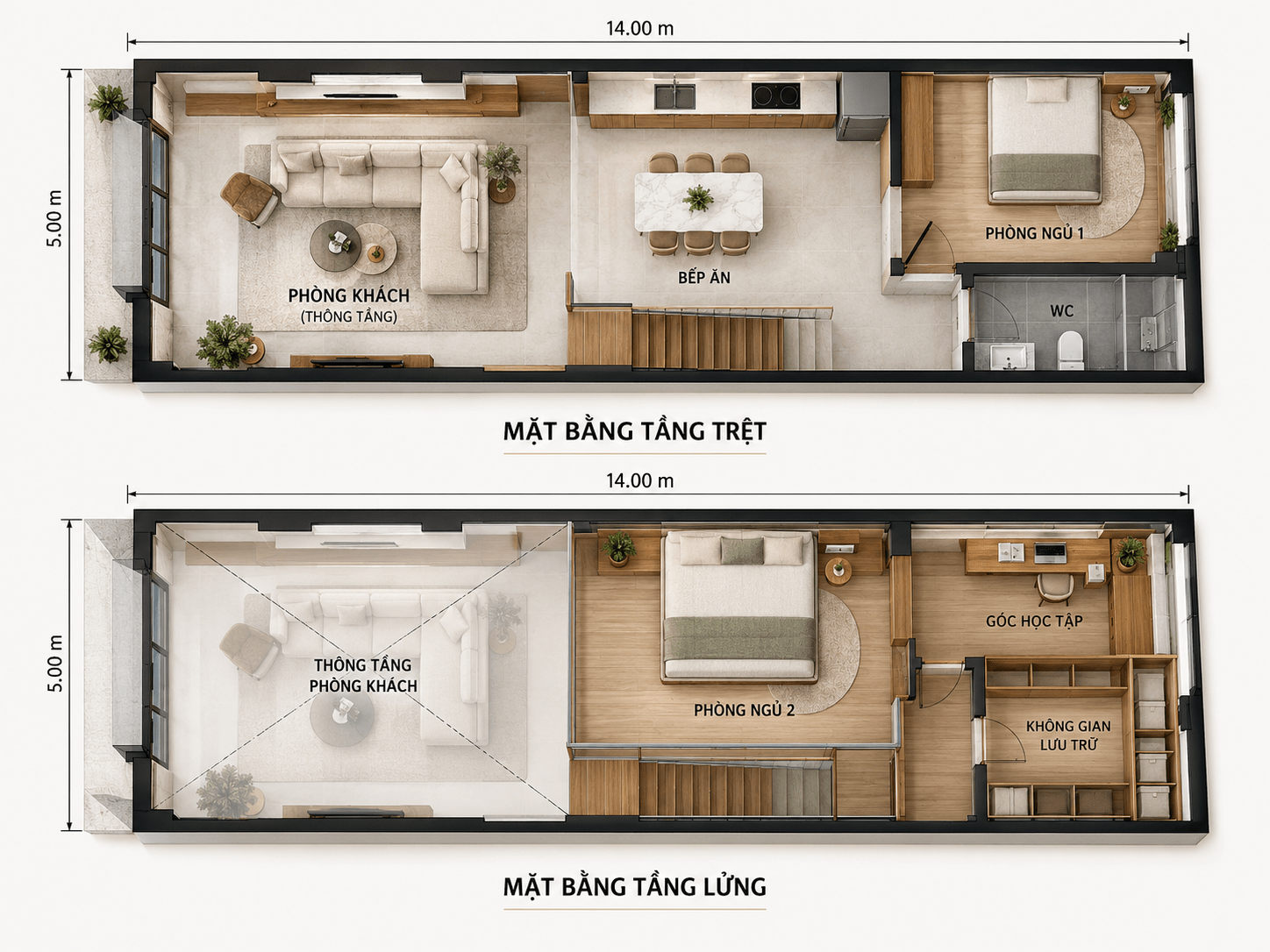 Bố trí công năng nhà gác lửng đơn giản với tầng trệt 1 phòng ngủ, tầng lửng 1 phòng ngủ và góc học tập