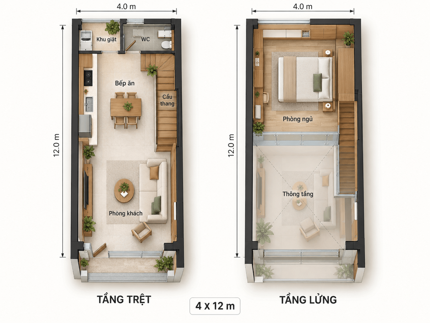 Bố trí công năng tham khảo cho nhà gác lửng đơn giản với 1 phòng ngủ