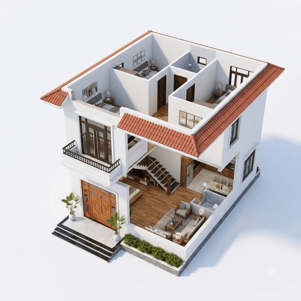 Bố trí mặt bằng tham khảo nhà ống 2 tầng 4 phòng ngủ